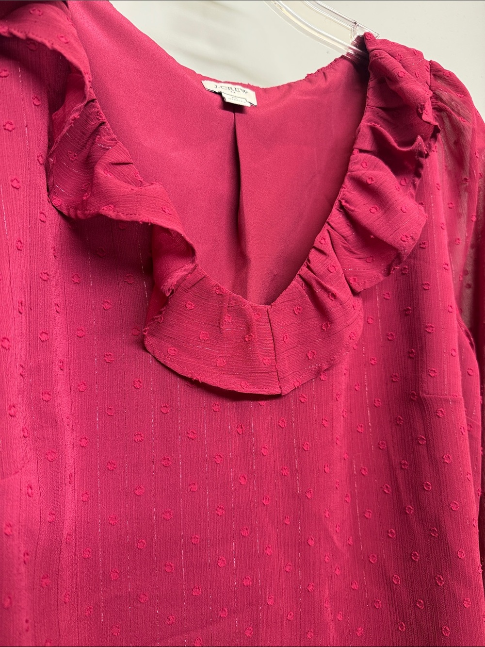 J. Crew Raspberry Pink Ruffle V-Neck Long Sleeve Blouse - Picture 4 of 7